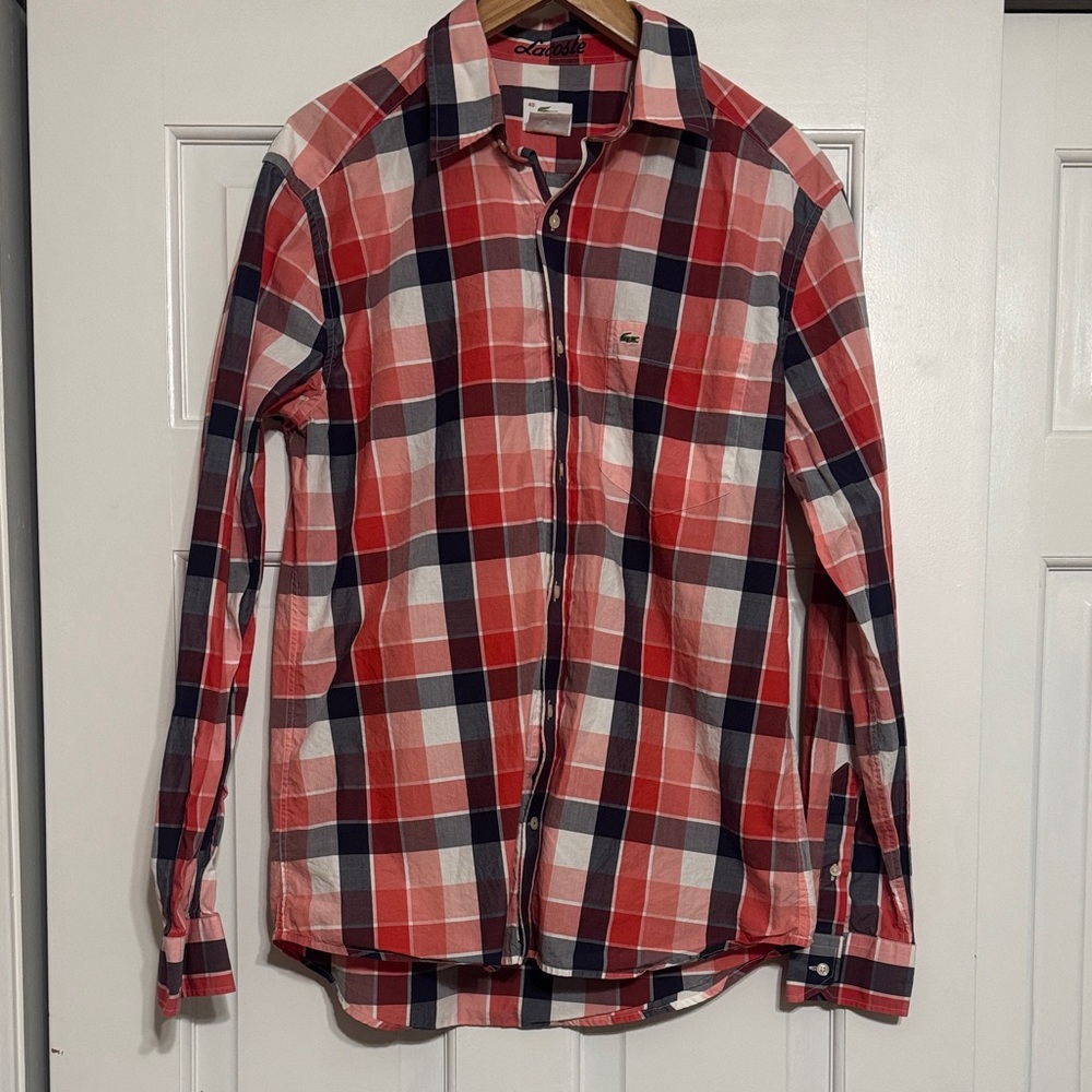 Lacoste Men's Red and Navy Checkered Shirt